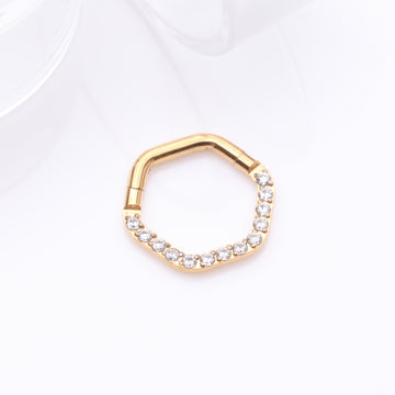 Detail View 1 of Golden Brilliant Sparkle Multi-Gem Hexagon Clicker Hoop Ring-Clear Gem